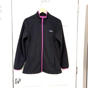 Lands' End Grid Fleece Jacket Women’s M Black Full Zip Pink Trim Waffle Gorpcore